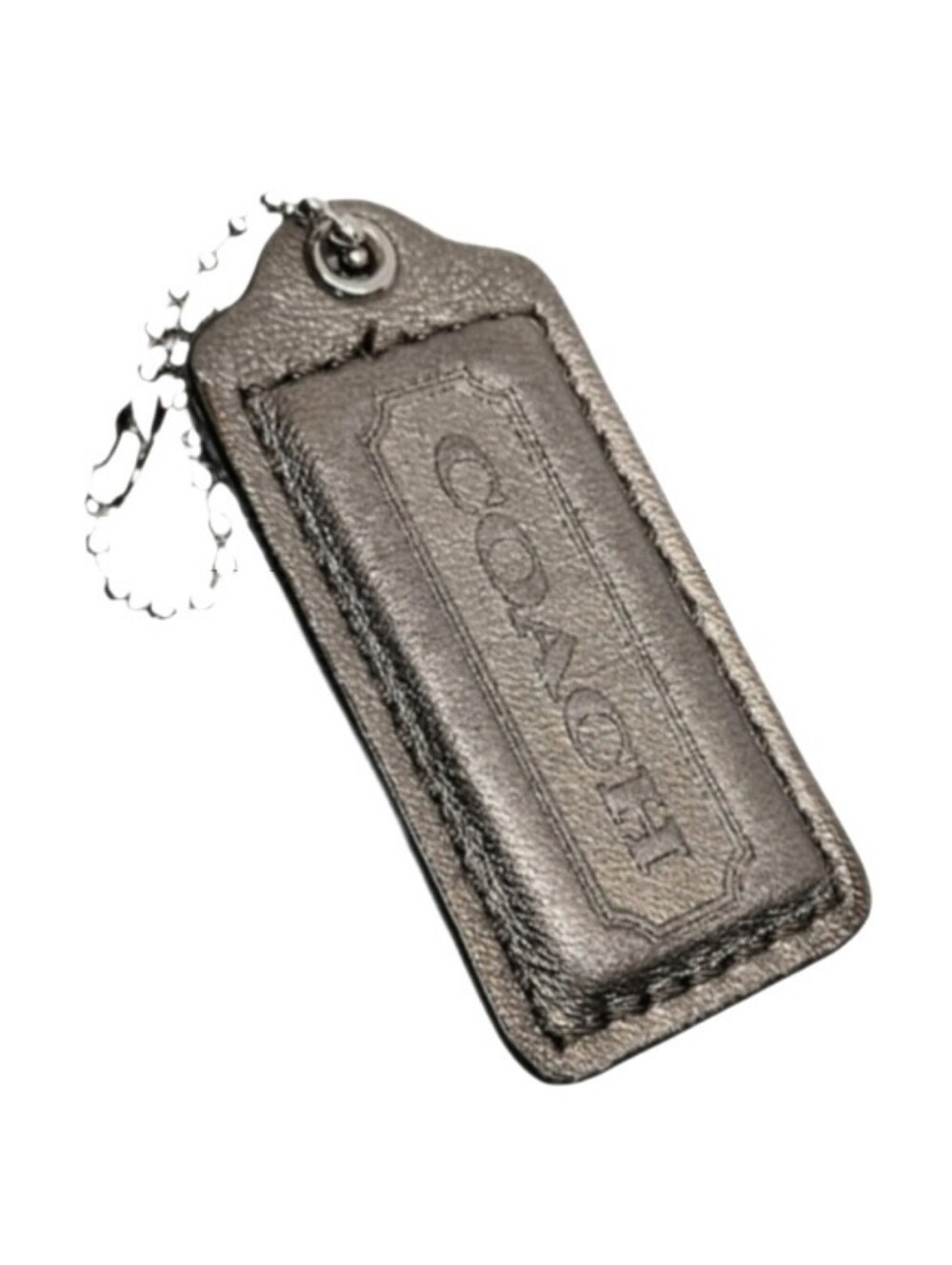 🩶 2.25" Coach Metallic Zinc Grey Leather Hangtag Bag Fob Keychain Purse Charm